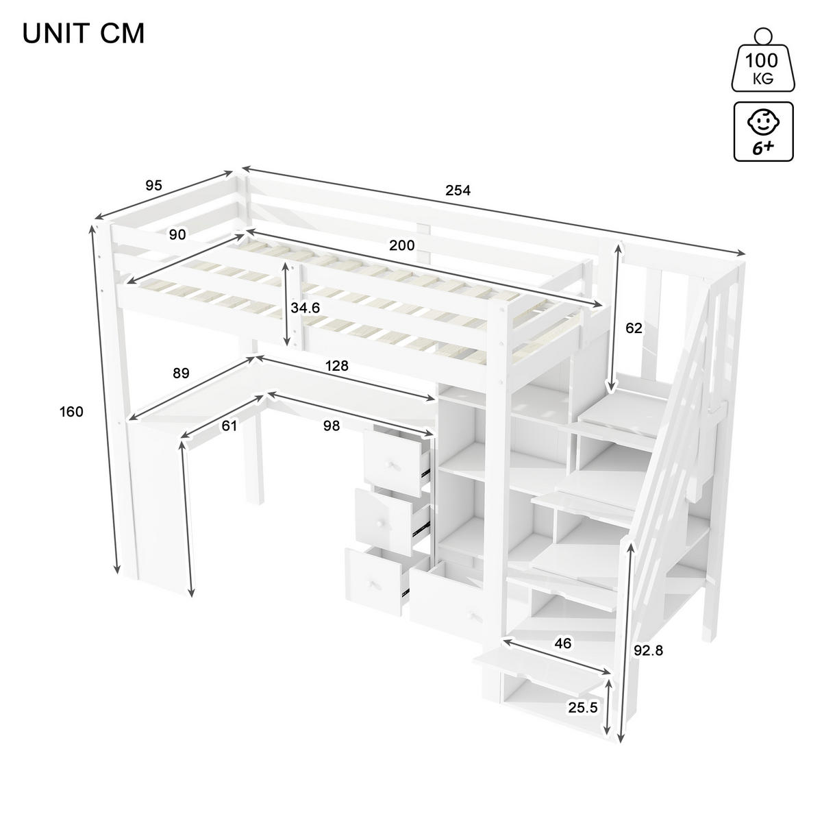 HOCHBETT 90/200 cm Weiß mit Schreibtisch und Stauraum - Weiß, Holz (90/200cm) - OKWISH