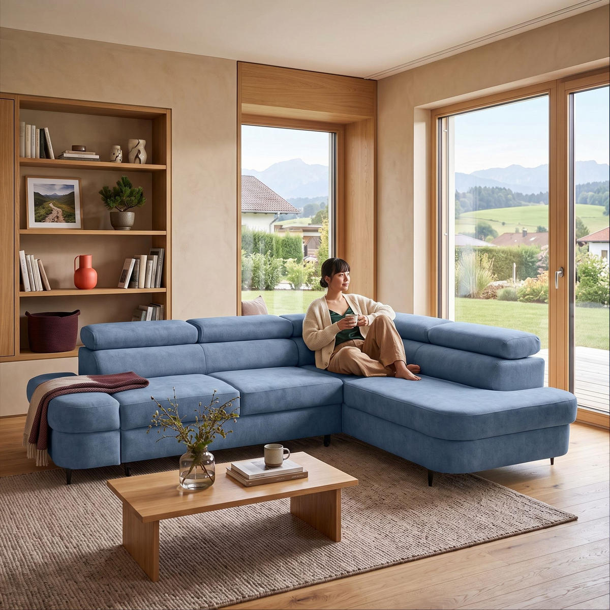 ECKSOFA PRIAM L Rechts mit Schlaffunktion 125x195 Velours Blau - Blau/Schwarz, Holz/Textil (203/275cm) - Muffo