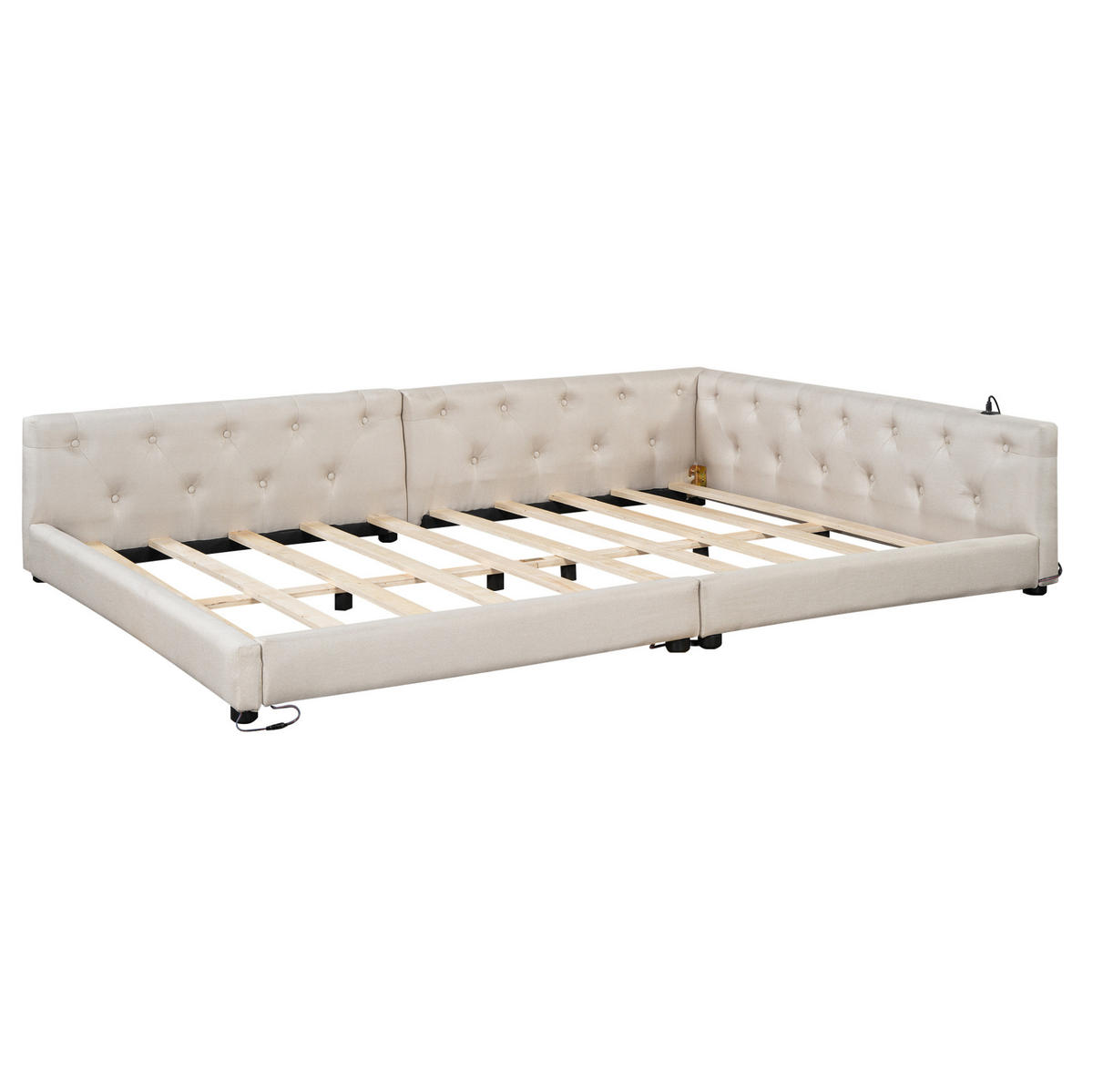 ROZKLADACIA posteľ z ľanu a MDF 140x200 cm béžová s USB, USB-C, LED osvetlením a čalúneným čelom - béžová, textil (140/200cm) - Modfu