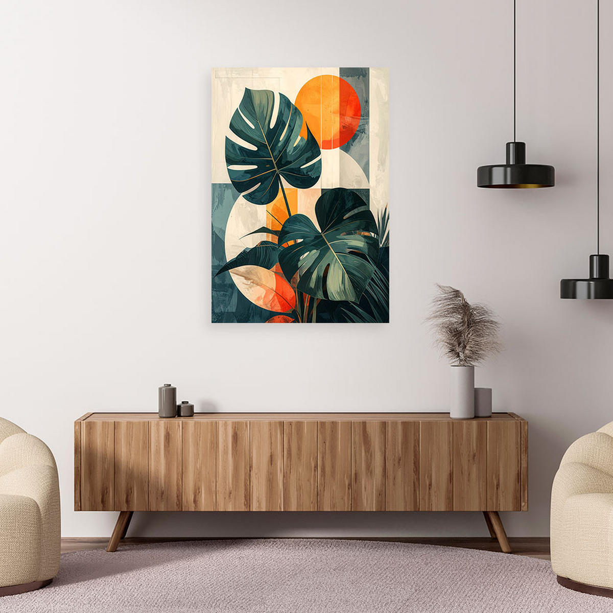 WANDBILD, Exotische Blätter mit orangefarbener Sonne auf hellem Hintergrund - Grün, Textil (70/100cm) - Feeby