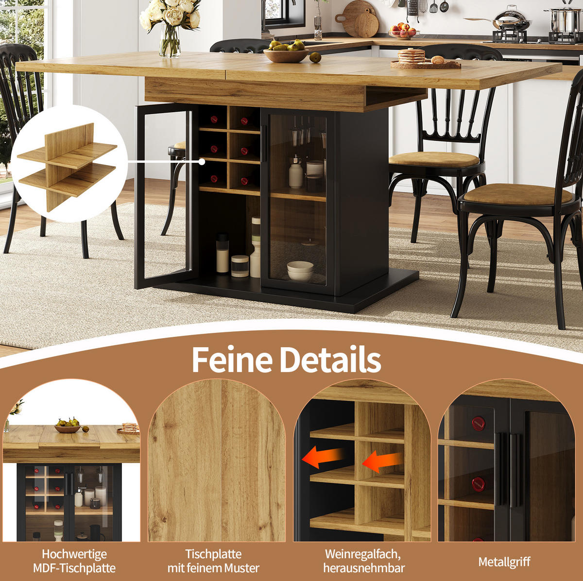 ESSTISCH 110-140/80/76 cm aus MDF, ausziehbar mit Weinregal und Glastür, Schwarz - Schwarz, Holzwerkstoff (110/80/76cm) - Redom