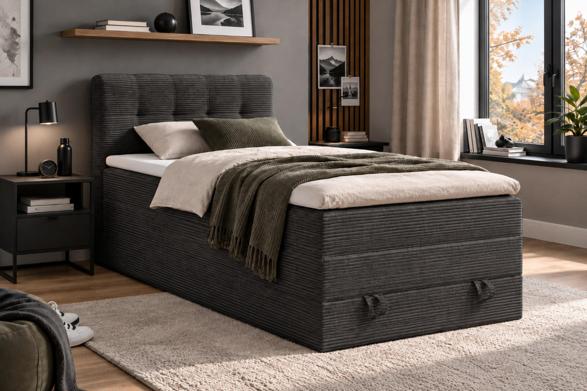BOXSPRINGBETT JUNG 2 90/200 Cord Anthrazit mit Matratzen H3 + H4 - Anthrazit, Holz/Holzwerkstoff (90/200cm) - Deine Möbel 24