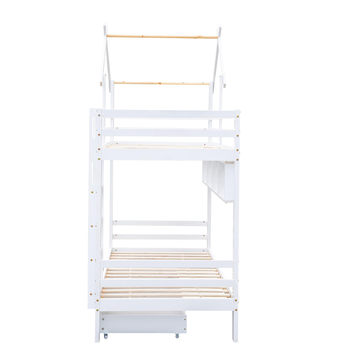 ETAGENBETT 90/200 cm in Weiß mit Schubladen und Regalen aus Kieferholz im Hausbett-Design - Weiß, Holz (90/200cm) - STILVORA