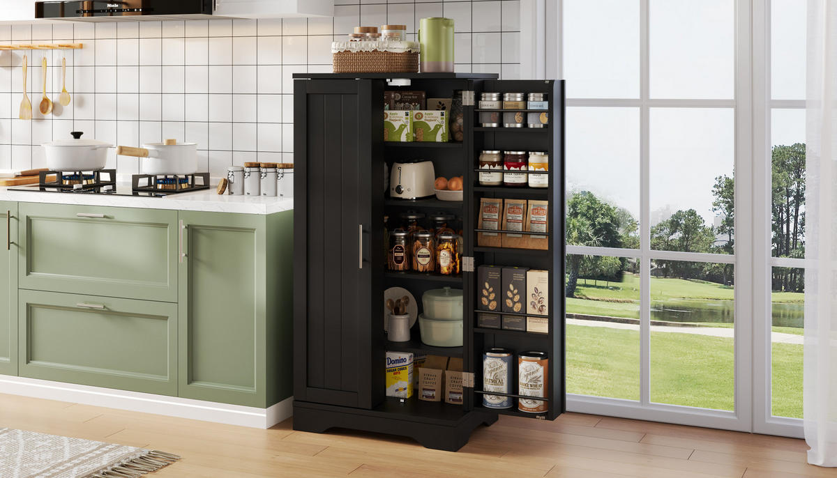 HOCHSCHRANK 2-türig aus MDF mit LED-Sensorlicht, moderner Stauraum für Küche und Wohnraum, 120/60/40 cm, Schwarz - Schwarz, Holzwerkstoff (60/120/40cm) - Redom