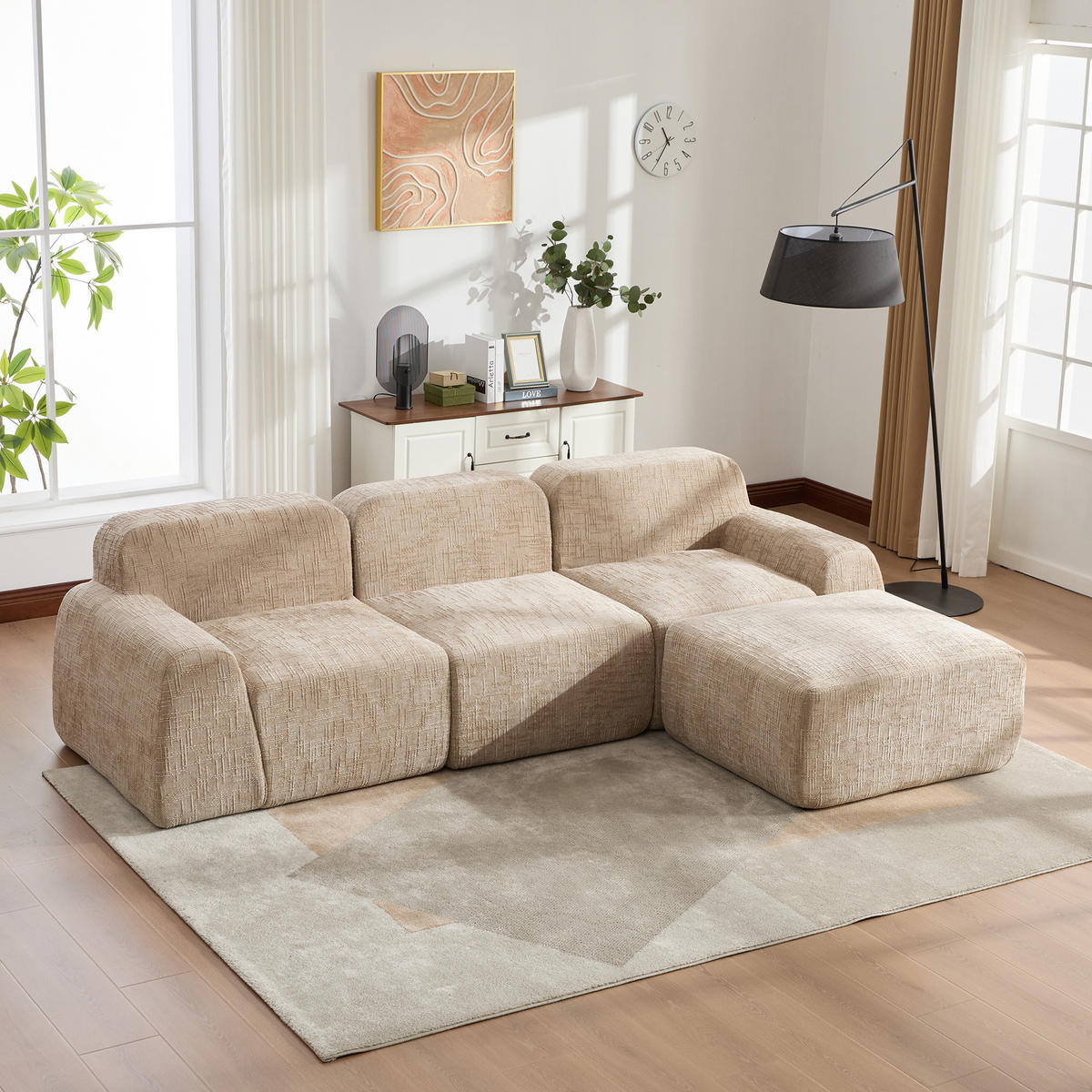 ECKSOFA 269.5/182.5/73 cm Hellkhaki mit beweglicher Fußhocker - Sandfarben, Textil (182.5/269.5cm) - Oxeza