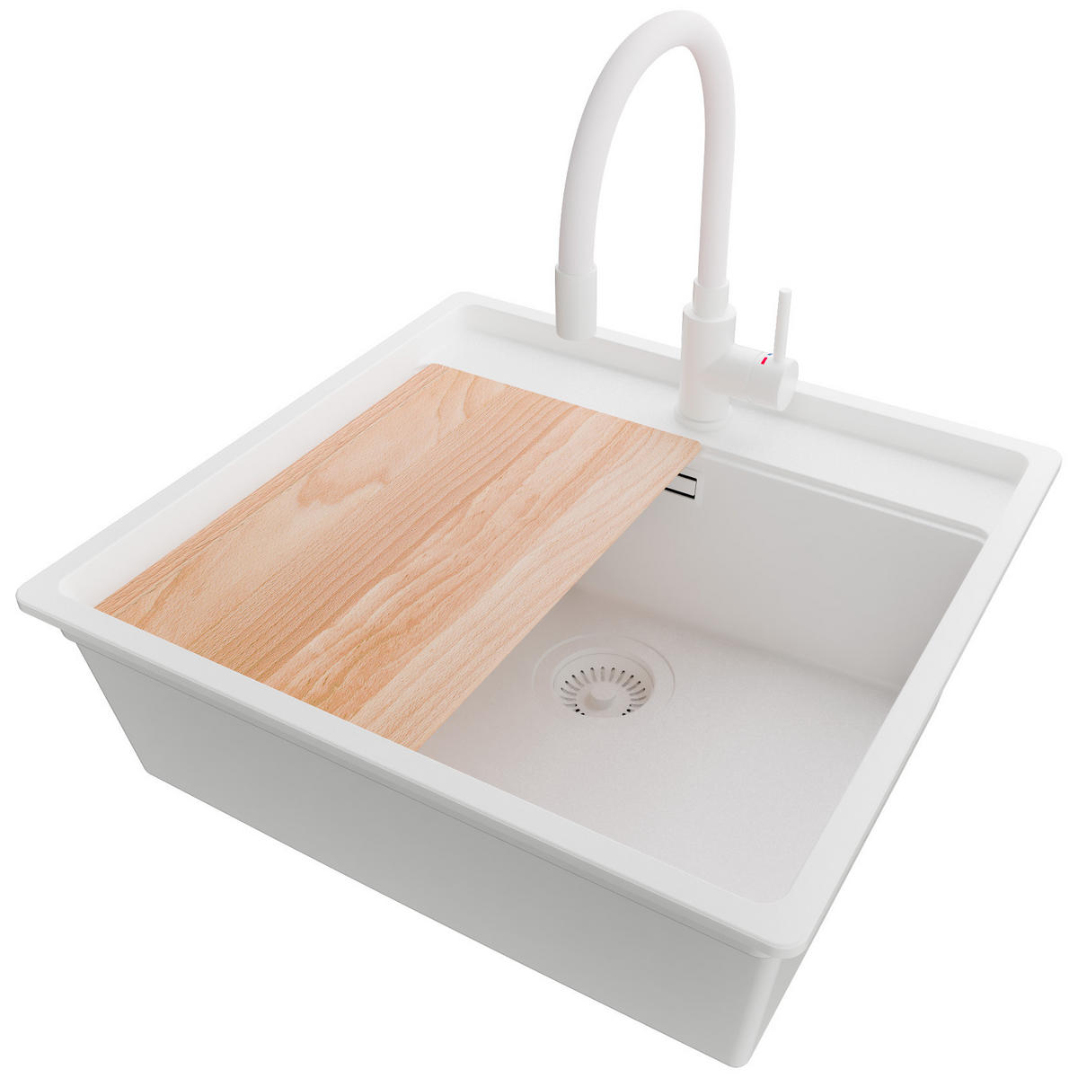 UNTERBAUSPÜLE GRANIT Bergen, 2-er set Alles Weiß 56/53 cm 1 Becken + Küchenarmatur 38/14 cm + Ablauf-Set + Schneidebrett ab 60er Unterschrank - Beige/Weiß, Kunststoff (56/20/53cm) - Primagran