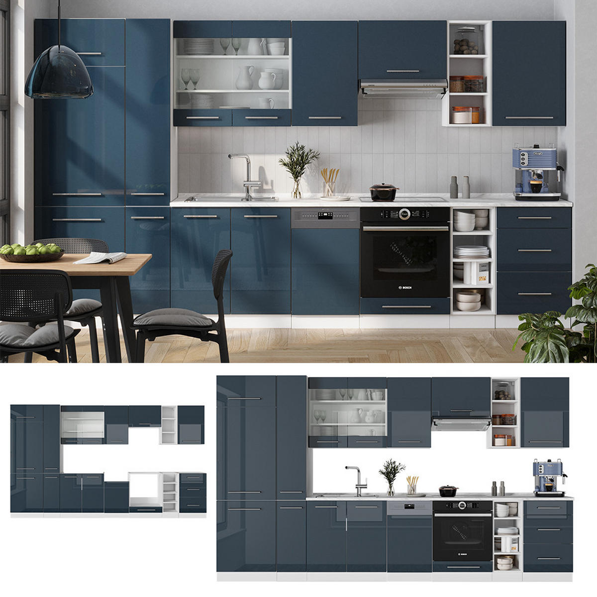 KÜCHENZEILE Fame-Line Dunkelblau Hochglanz/Weiß 355 cm, AP Anthrazit - Dunkelblau/Weiß, Holzwerkstoff (355/81.6/60cm) - Vicco