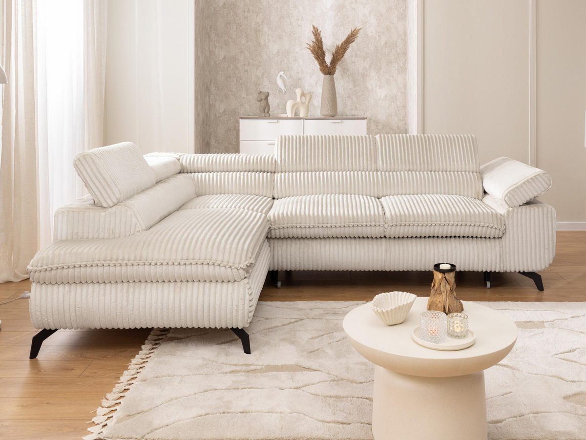 ECKSOFA mit Schlaffunktion und Bettkasten Bonnie aus Creme Cord-Stoff mit verstellbaren Kopfstützen und Armlehne - Ottomane links - Creme/Schwarz, Holz/Textil (275/210cm) - S-Style Möbel