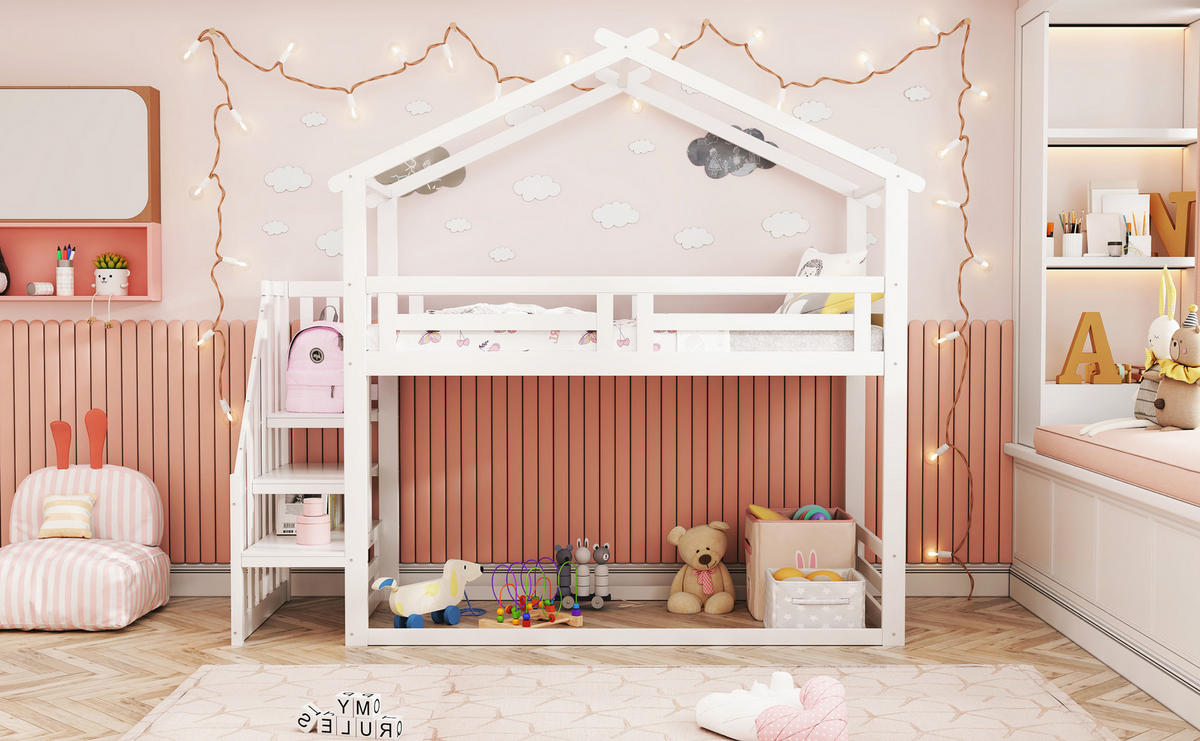 ETAGENBETT 90x200 cm niedrig Treppe weiß - Weiß, Holz (90/200cm) - LEBENLANG