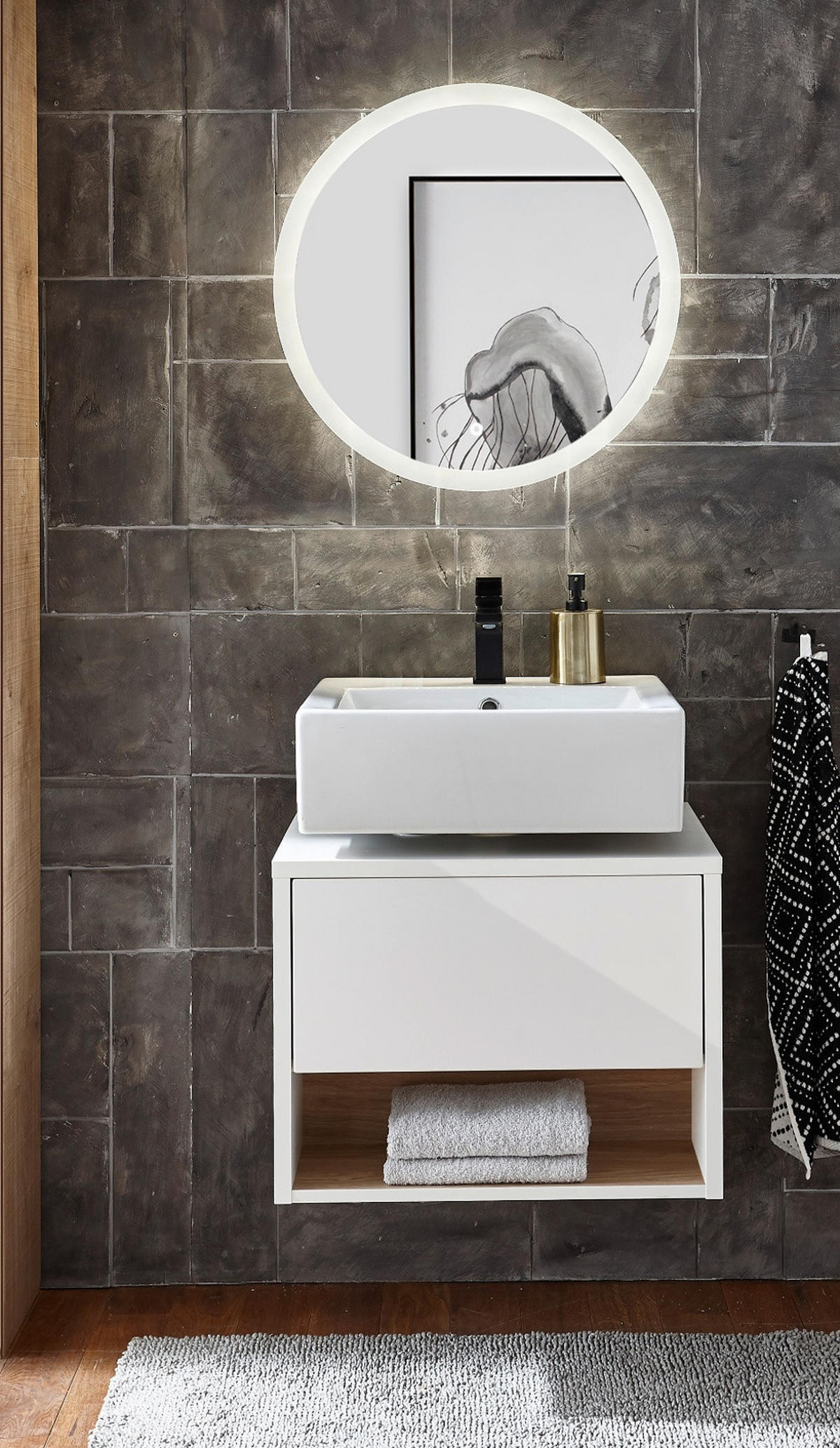 BADSPIEGEL mit LED Beleuchtung und Touchschalter, rund Ø 60 cm - Weiß, Glas (60/60/3cm) - Furn.Design