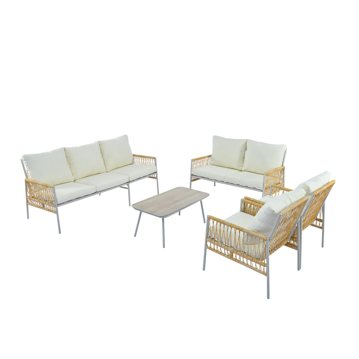 GARTENMÖBELSET aus Rattan 173x54.5x77cm beige mit Couchtisch aus gehärtetem Glas - Beige, Metall - Modfu