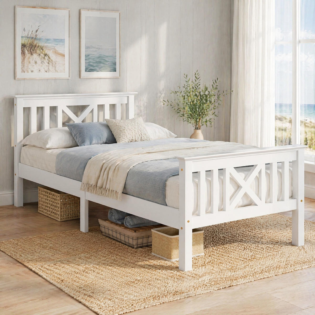 BETT 90/200 cm aus Massivholz in Weiß mit Lattenrost und X-Kopfteil - Weiß, Holz (90/200cm) - Flora Grace
