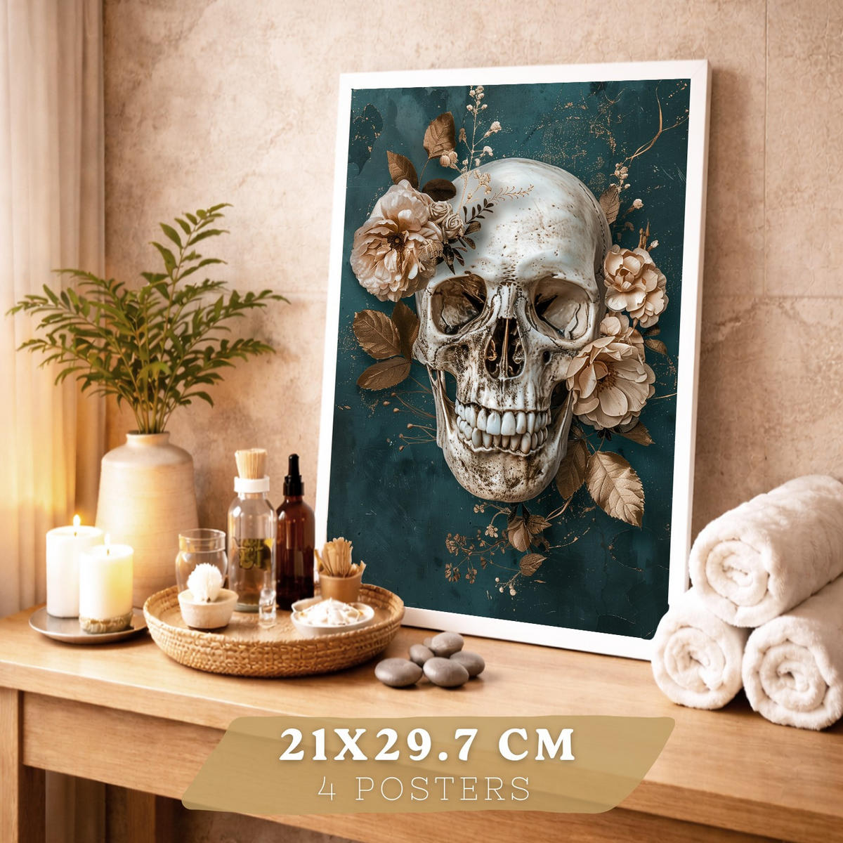 POSTER Set aus 4 Anatomie Drucke und Wandbilder mit Schädel Herz Gehirn Wirbelsäule Skelett Becken Klassisches Florales Design Größe Weißer Rahmen A4 - Weiß, Papier (21/29.7/3cm) - Nacnic