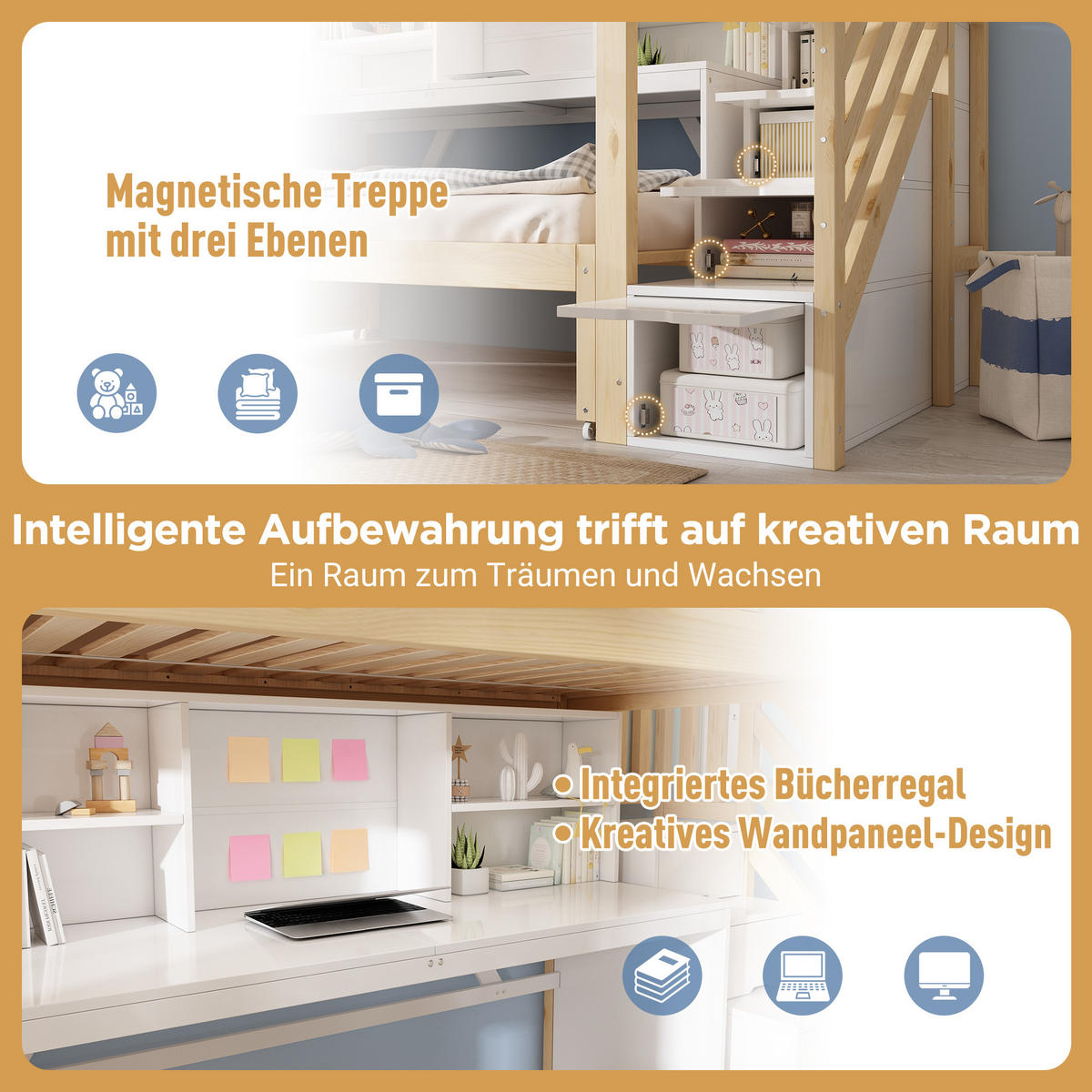 ETAGENBETT 90/190/200 cm mit Ausziehbett und Schreibtisch, DE-41563, in Weiß/Eiche - Eichefarben, Holzwerkstoff (90/200cm) - ComfortXL