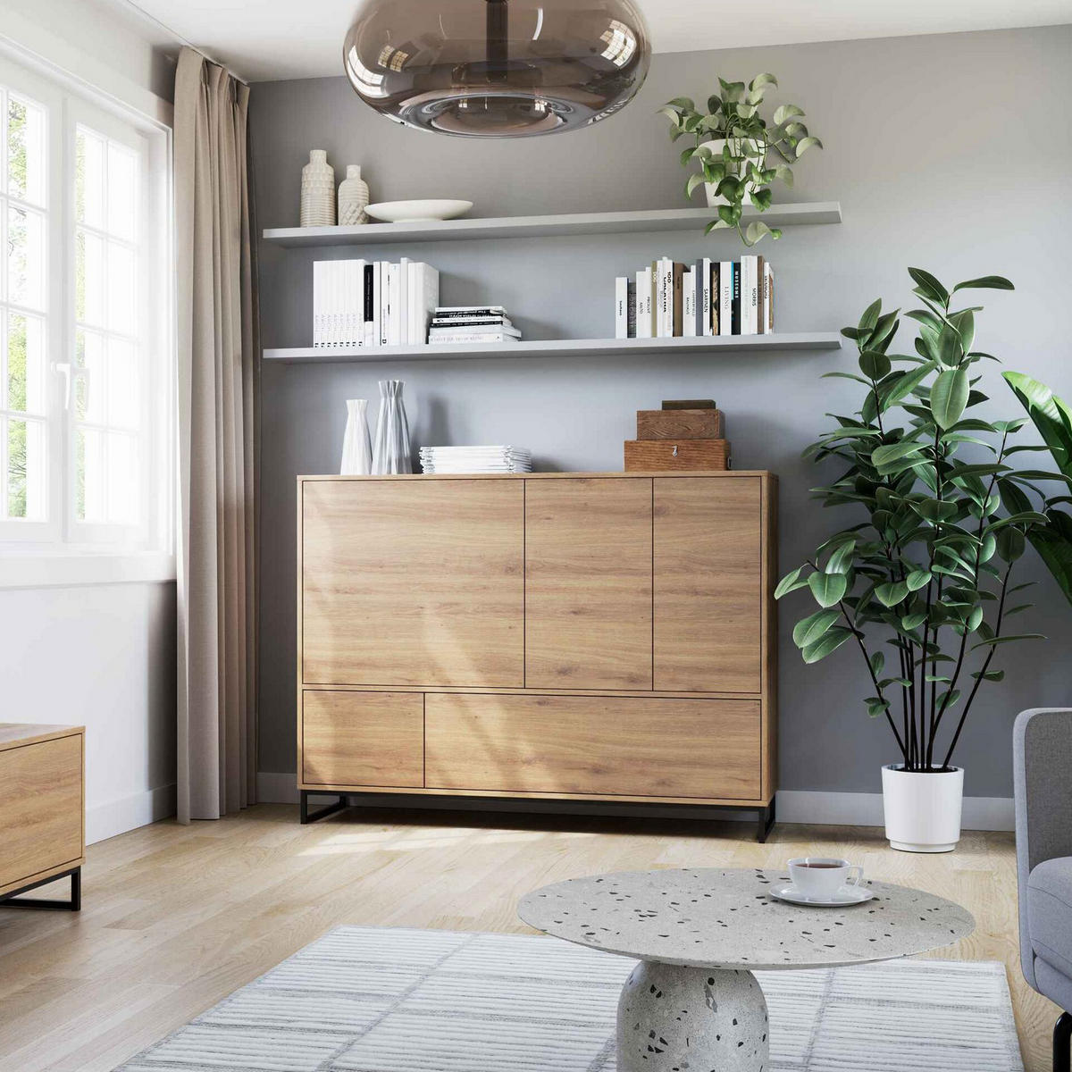KOMMODE AZIR 160/120/45cm mit Schubladen 5 Türen Eichefarben - Eichefarben, Holzwerkstoff (160/120/45cm) - MASSENO