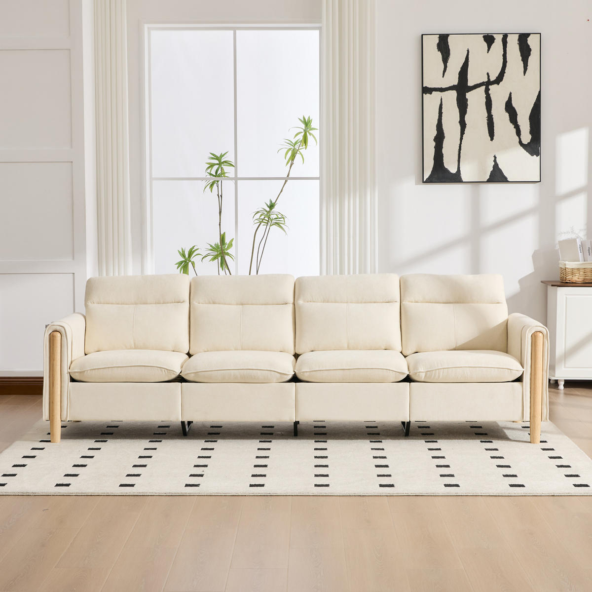 SOFA-SET 4-Sitzer mit 2 Hockern und Stauraum Chenille Beige - Beige, Holz (77/86/261cm) - Meubliv