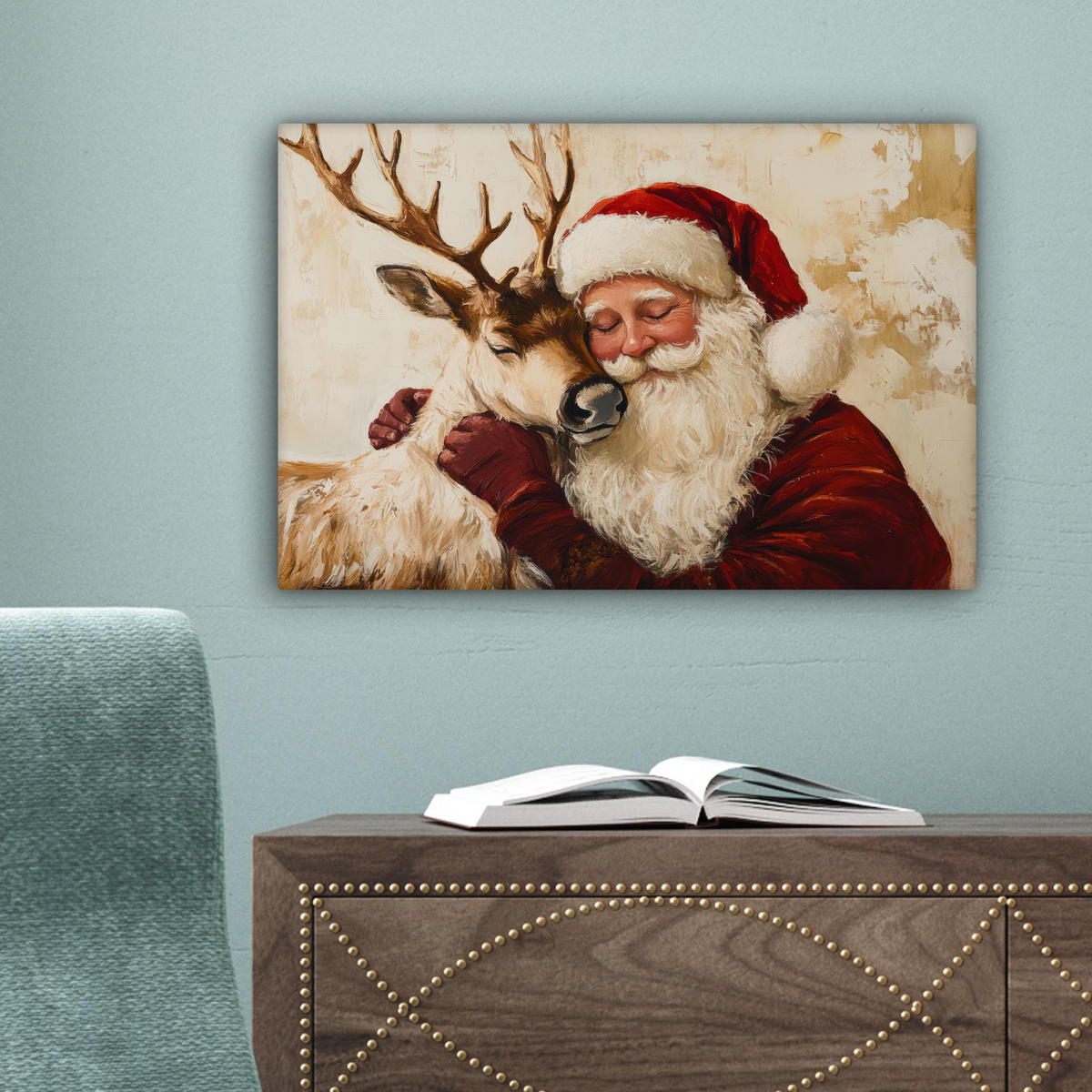 LEINWANDBILD Weihnachtsmann - Rentier - Weihnachten Deko Schlafzimmer 30x20 cm - Rotbraun, Textil (30/20cm) - MuchoWow