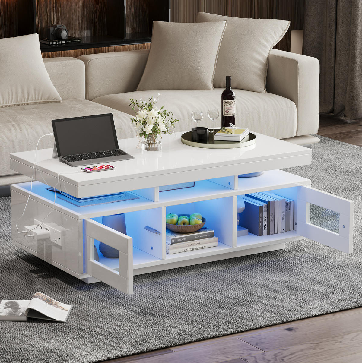 COUCHTISCH 100/50/43 cm aus Spanplatte 100/50/43 cm mit LED-Beleuchtung, Steckdose, USB-Anschluss und Stauraum, Weiß - Weiß, Holzwerkstoff (100/50/43cm) - Redom