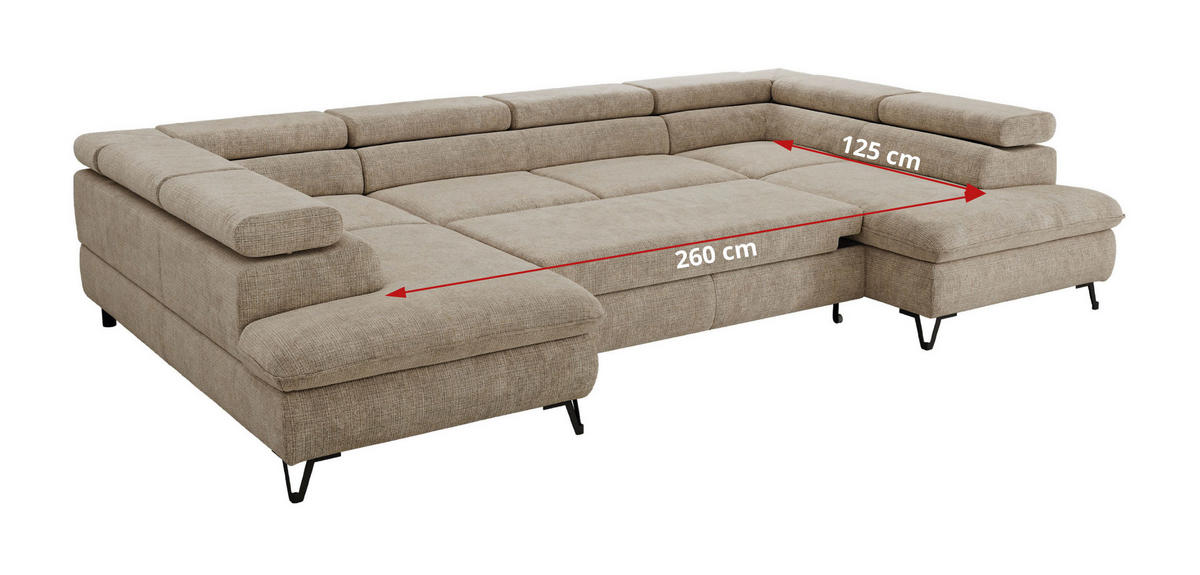 WOHNLANDSCHAFT PABLO U Schenille grob gewebt Beige mit Topper Visco - Beige/Schwarz, Textil/Metall (346/76/208cm) - MKS