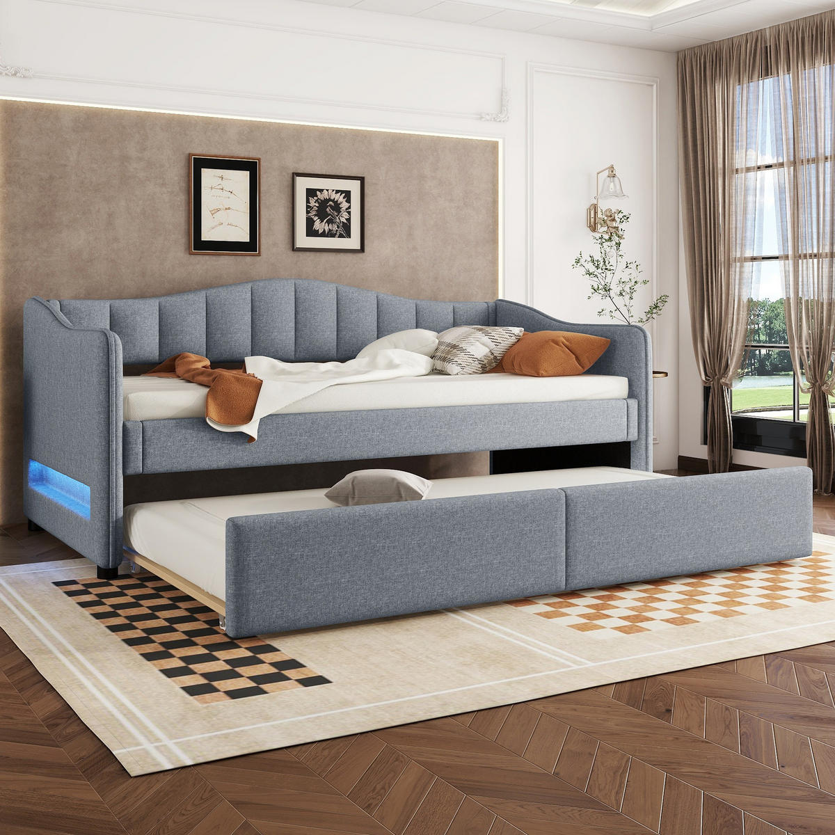 POLSTERBETT 90/200 cm Grau mit Ausziehbett und LED-Beleuchtung aus Leinen und MDF - Grau, Textil (90/200cm) - OKWISH