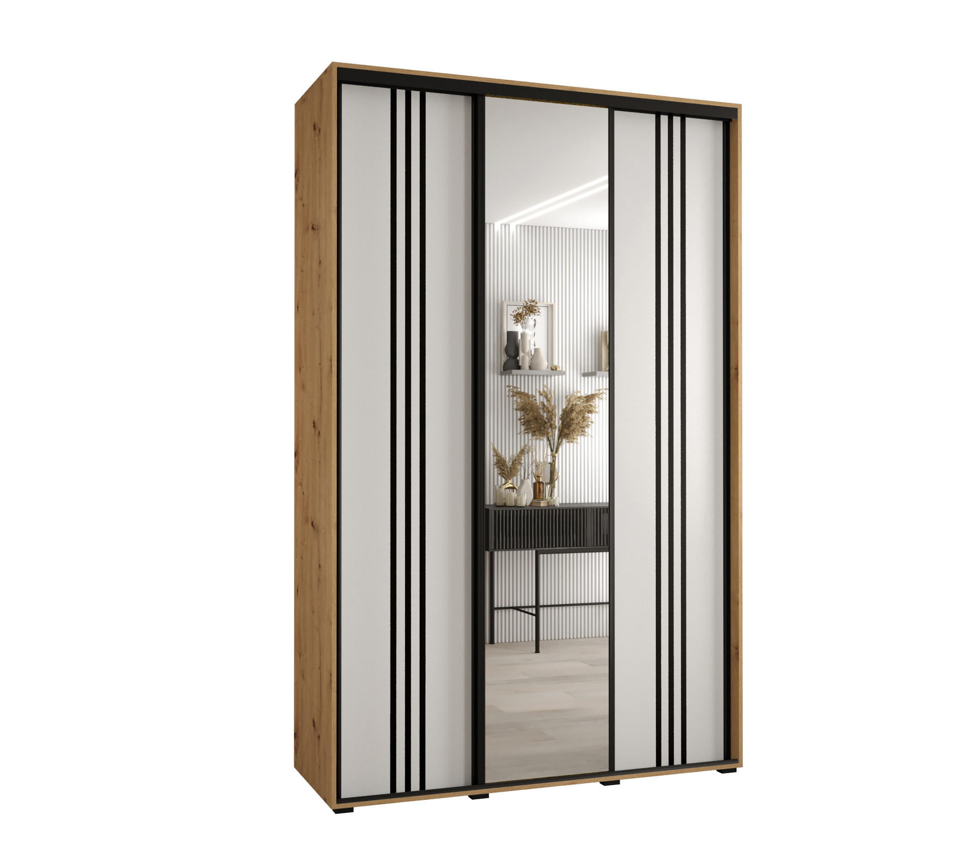 Abiks Möbel Schwebetürenschrank Eiche Artisan, Weiß, Schwarz 150x235x45 cm