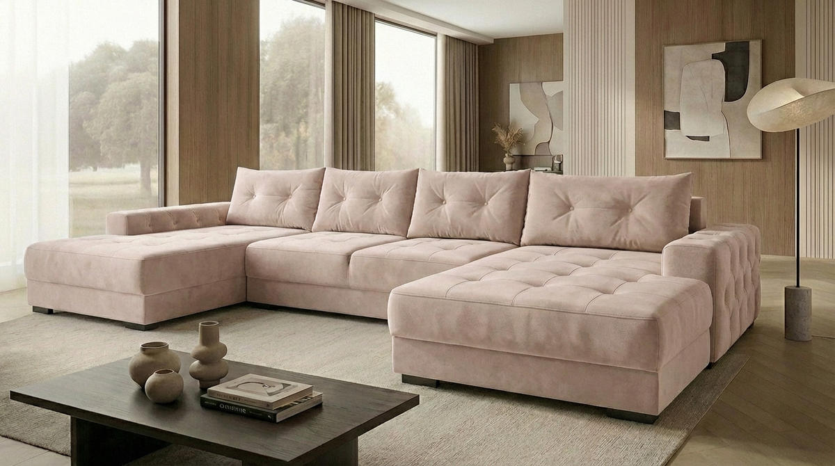 ECKSOFA MODENA 320 cm x 185 cm – Stoff: VELUTTO Beige 2 Farbe: Beige - Beige, Textil (320/185cm) - A&J MöbelLand