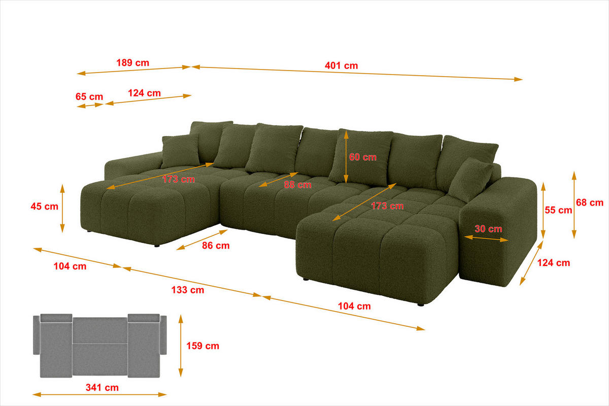 WOHNLANDSCHAFT ENIL-U 401x189x68 Grün Bouclé - Grün, Holzwerkstoff/Kunststoff (401/68/189cm) - ALTDECOR