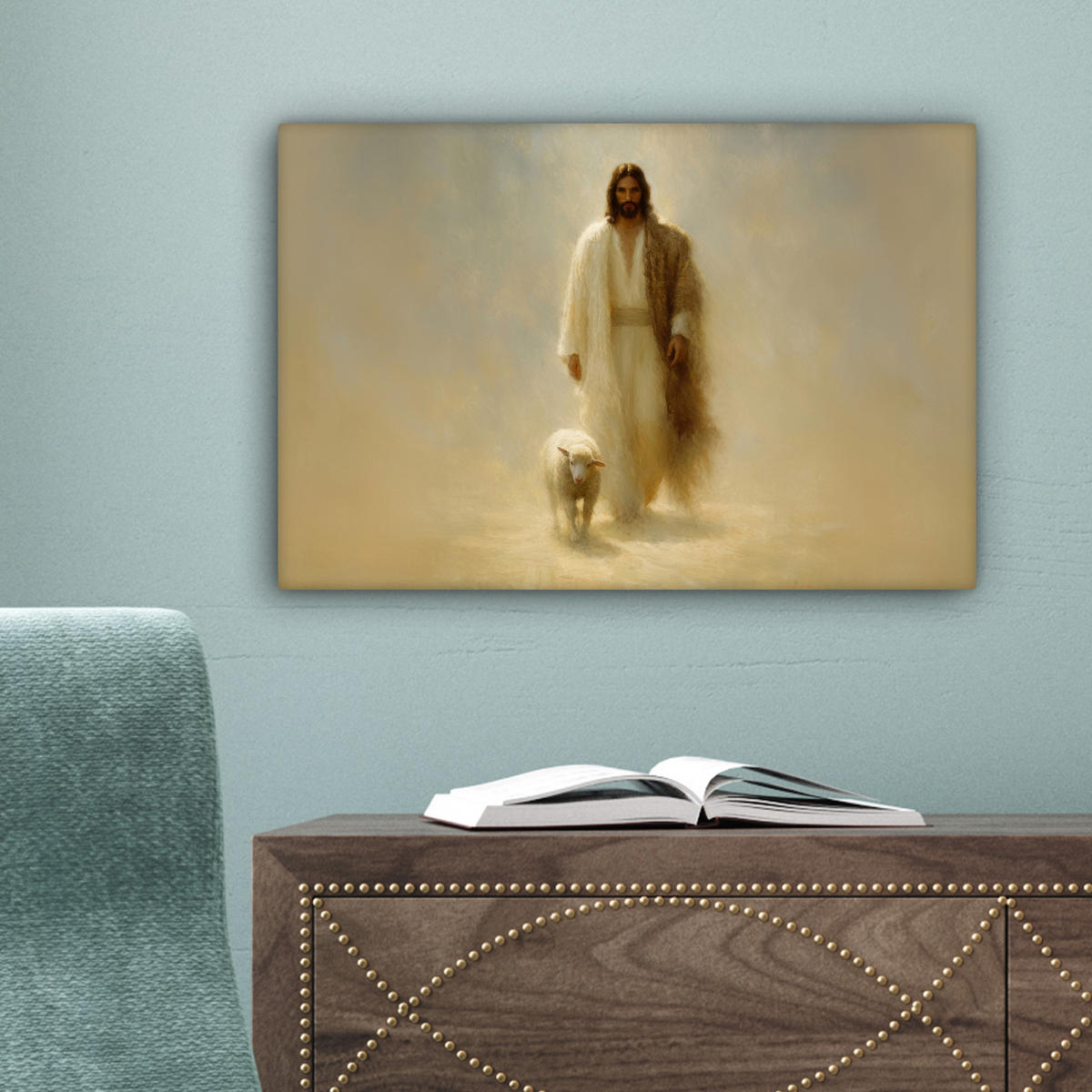 LEINWANDBILD Schaf - Jesus - Pinselstriche - Abstrakt Deko Schlafzimmer 30x20 cm - Sandfarben, Textil (30/20cm) - MuchoWow