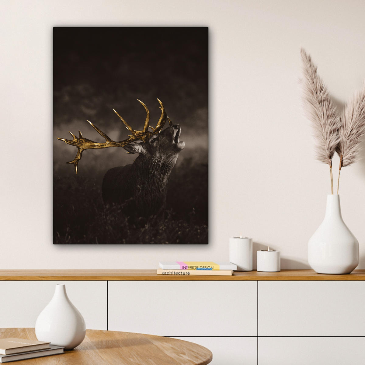 LEINWANDBILD Rotwild - Schwarz - Gold Wandbild Wohnzimmer 60x80 cm - Braun, Textil (60/80cm) - MuchoWow