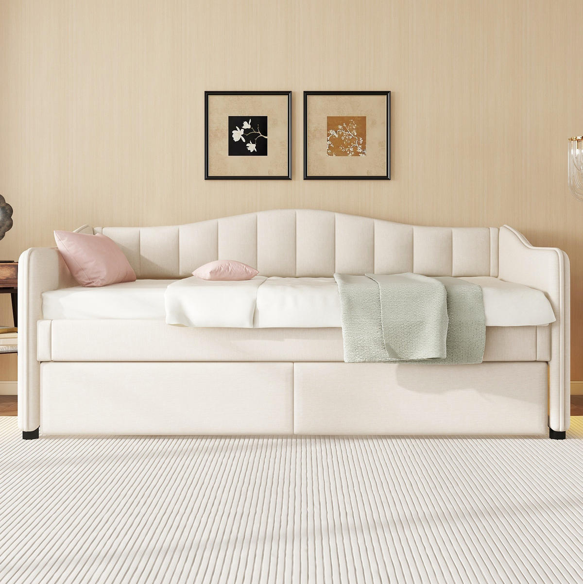 POLSTERBETT 90/200 cm Beige mit Polsterbett und LED-Beleuchtung - Beige, Textil (90/200cm) - Flora Grace