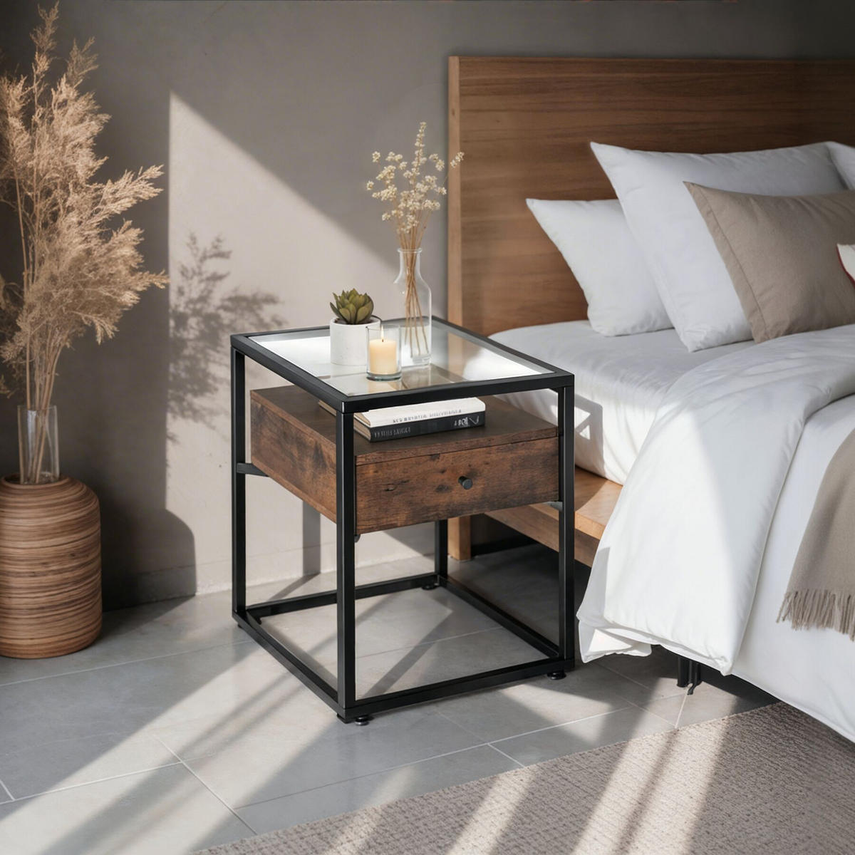 NACHTSCHRANK Preston, 43 x 45 x 54,5 cm, Industrial Holz dunkel, rustikal - Rostfarben, Holzwerkstoff (43/54.5/45cm) - tectake