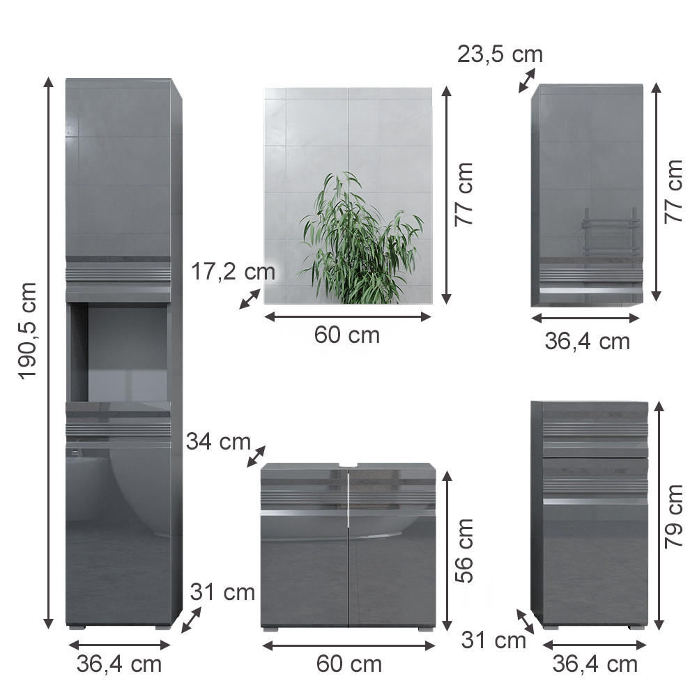 Thumbnail - Vicco Badmöbel-Set, Schwarz Hochglanz, Holzwerkstoff, 14 Fächer, 1 Schubladen, nicht einzeln stellbar,Rechteckig, 56x60x...