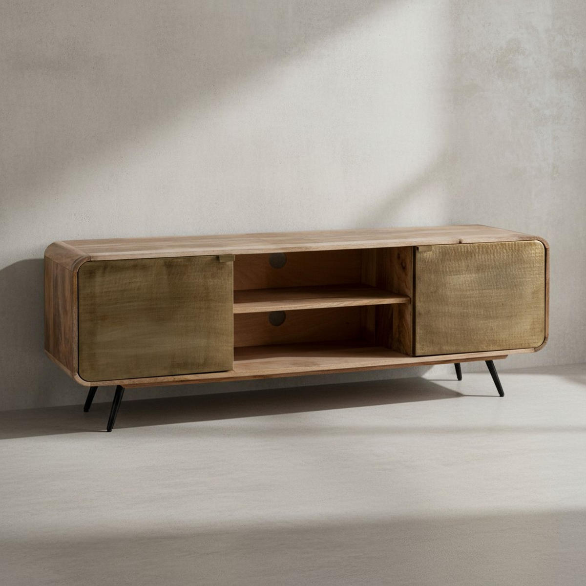 LOWBOARD Mango Massivholz Modern Stil 160x55x41 cm mit punzierten Türen - Schwarz/Braun, Holz/Metall (160/55/41cm) - KADIMA DESIGN