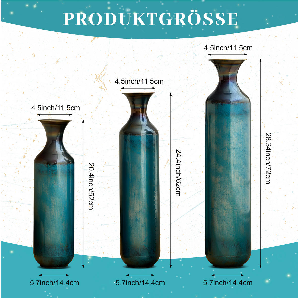 BODENVASE 3-tlg Metallvase 52-72cm Blaugrün-Patina Bodenvase Deko-Vase Trockenblumen - Grün, Metall (78.1cm) - Raelunyi