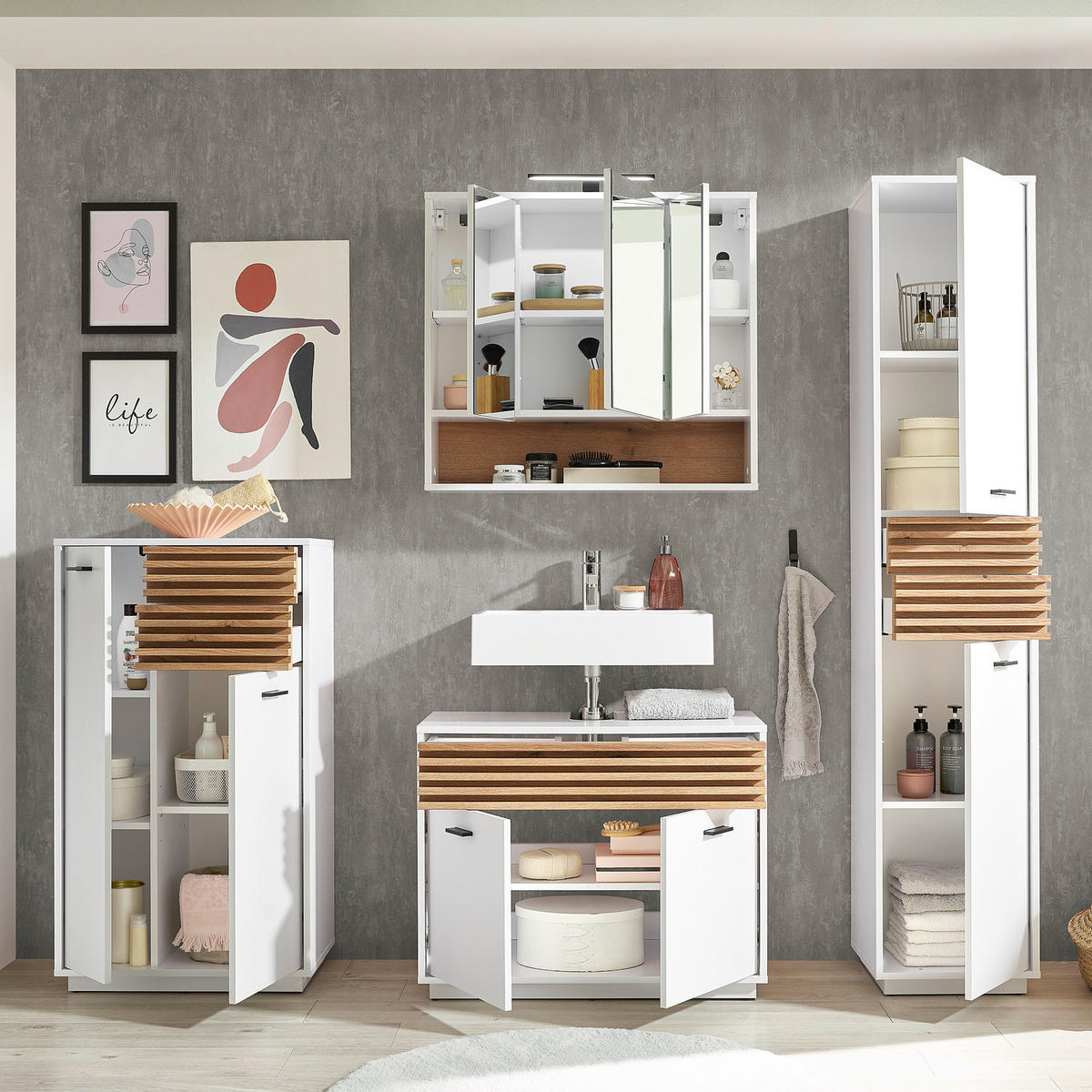 BELEUCHTETER SPIEGELSCHRANK - Spanplatte - Eiche - Weiß, Holzwerkstoff (80/72/21cm) - home24