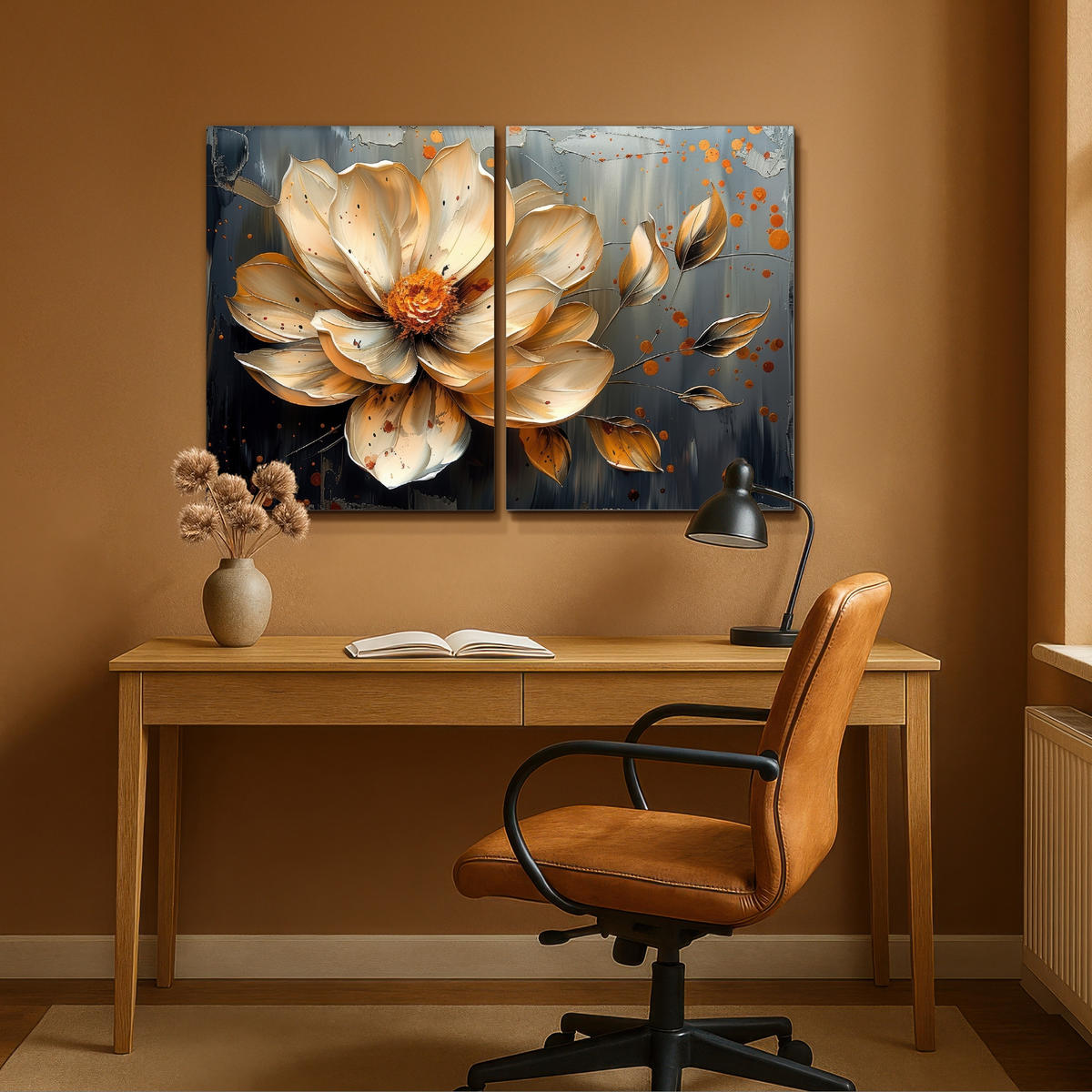 LEINWANDBILD 2er Set Blume - Gold - Abstrakt - Farbe 120x80 cm - Creme, Textil (120/80cm) - MuchoWow