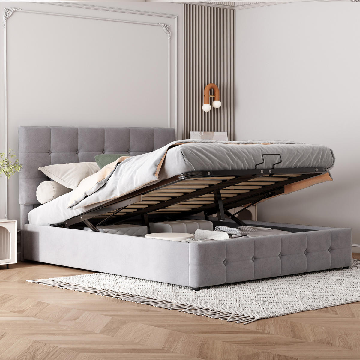 POLSTERBETT 140/200 cm grau mit hydraulischem Bettkasten und höhenverstellbarem Kopfteil - Grau, Textil (140/200cm) - OKWISH