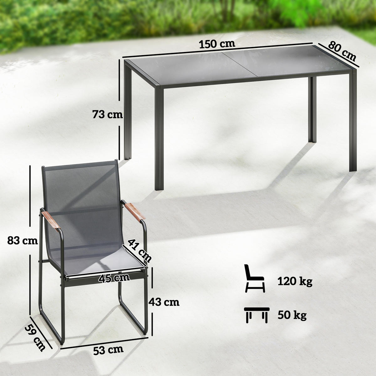 GARTENTISCHGRUPPE DE-18126 7-teilig, mit Mesh-Bezug & Teak-Armlehnen Grau - Grau, Metall - ComfortXL