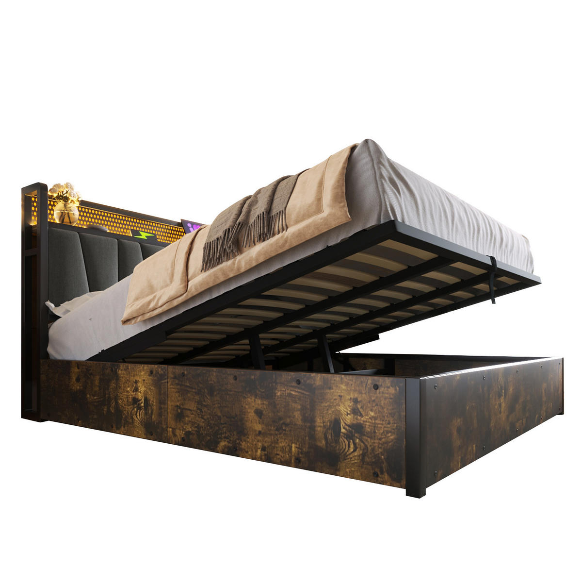 BETT mit LED-Kopfteil und Stauraum 180x200 cm Grau mit USB & Steckdosen - Grau, Metall (180/200cm) - Meubliv