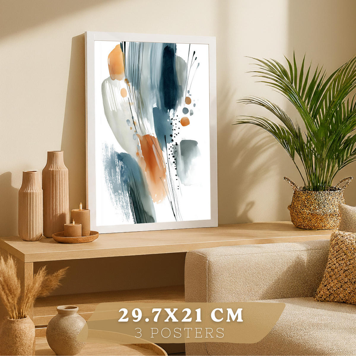 PLAKAT Sada 3 dekorativních nástěnných tisků Abstraktní akvarelové obrazy,oranžová. Moderní malby do obývacího pokoje. Velikost A4 Bílý rám - bílá, papír (29.7/42/3cm)