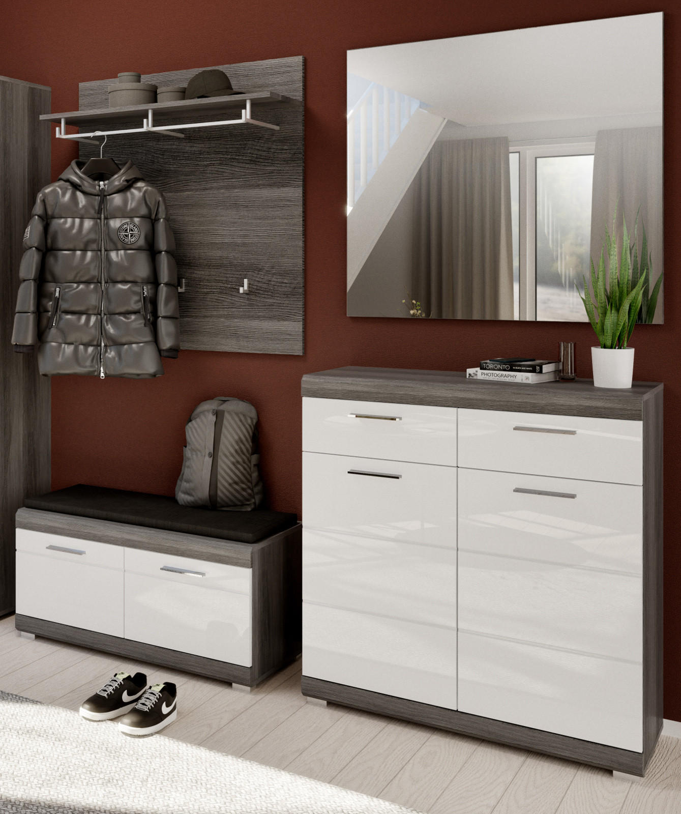 GARDEROBE Set 4-teilig weiß Hochglanz, grau, Komplettset mit Schuhkommode - Chromfarben/Weiß Hochglanz, Holzwerkstoff/Kunststoff (195/197/40cm) - Inn.Furn
