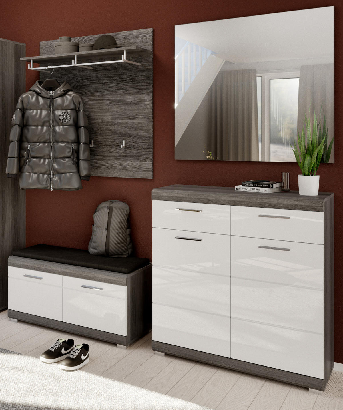 GARDEROBE Set 4-teilig weiß Hochglanz, grau, Komplettset mit Schuhkommode - Chromfarben/Weiß Hochglanz, Holzwerkstoff/Kunststoff (195/197/40cm) - Inn.Furn