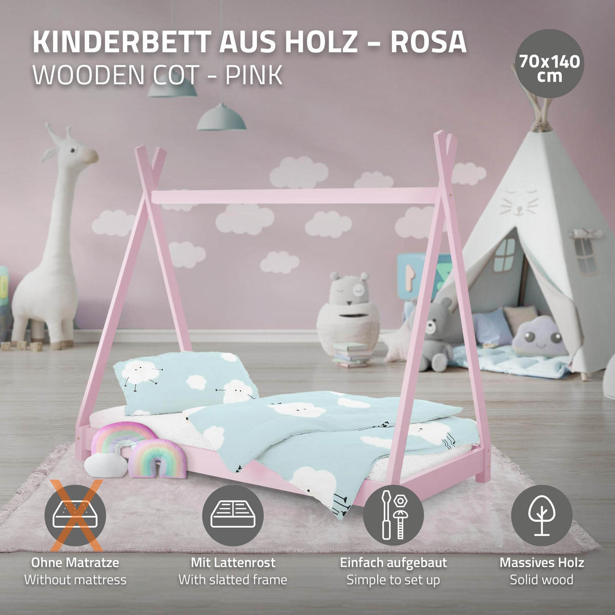 KINDERBETT Tipi 70x140 cm Rosa - Pink, Holz (77.5/137/147.5cm) - ML-DESIGN
