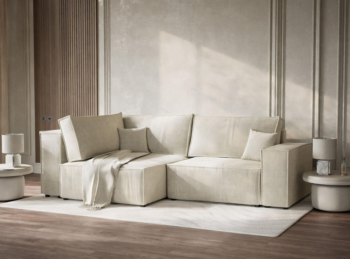 ECKSOFA MIT SCHLAFFUNKTION Tonga Creme Chenille-Stoff - Creme/Schwarz, Holz/Holzwerkstoff (105/225cm) - Maison de Reve