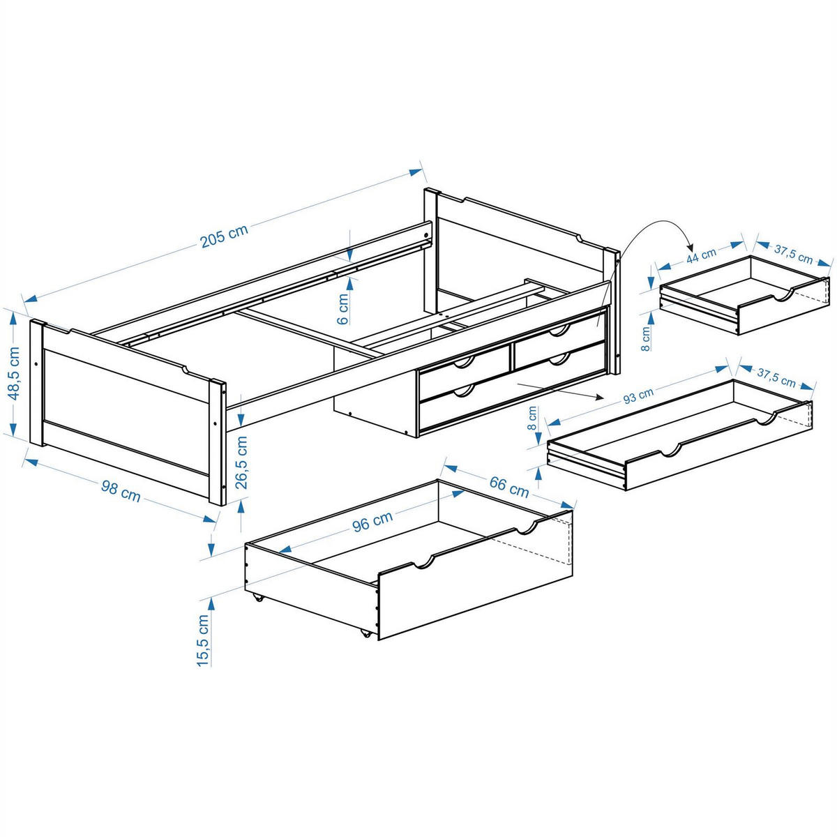 FUNKTIONSBETT ANDREA 90X200 CM - Naturfarben/Weiß, Holz (99/49/205cm) - IDIMEX