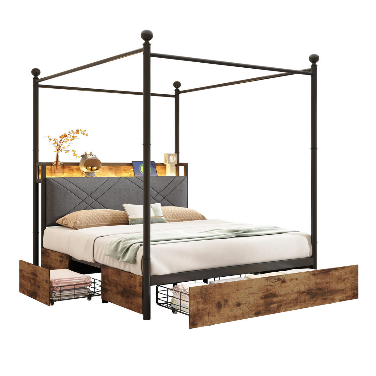 METALLBETT 140/190 cm mit Kopfteil, LED und USB/Type-C – schwarz - Schwarz, Metall (140/190cm) - BEAOK