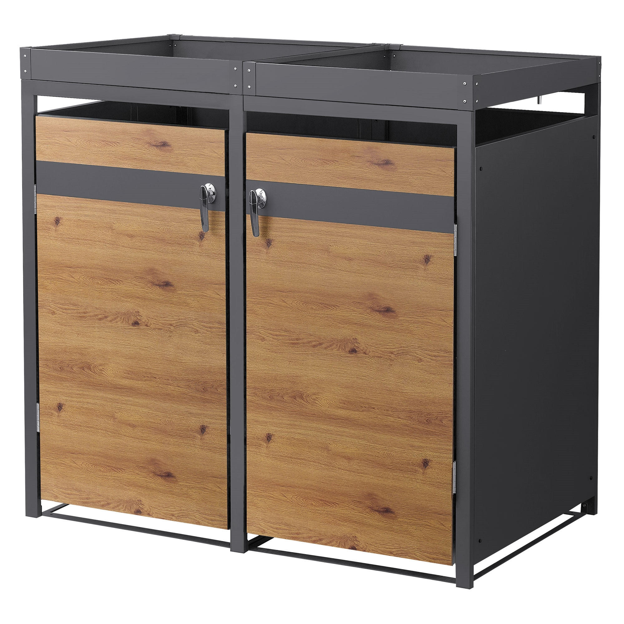 MÜLLTONNENBOX 2er mit Pflanzdach Anthrazit-Holzoptik - Braun, Metall (132/124/80cm) - ML-DESIGN