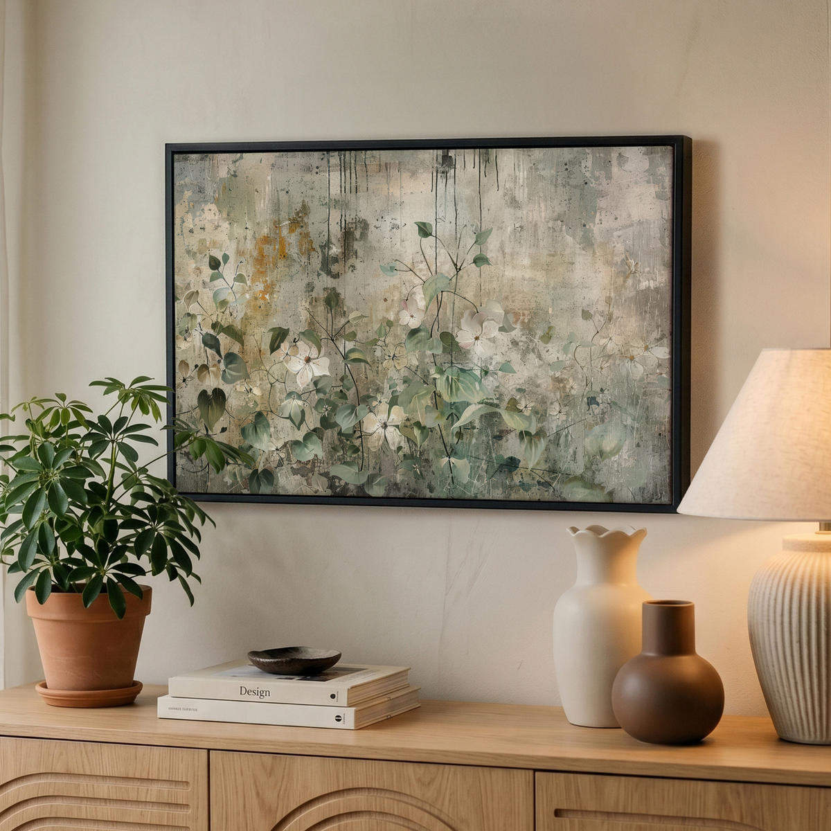 LEINWAND Bilder mit Rahmen - Blumen - Blätter - Abstrakt - Modern - 60x40 - Grau, Textil (60/40cm) - MuchoWow