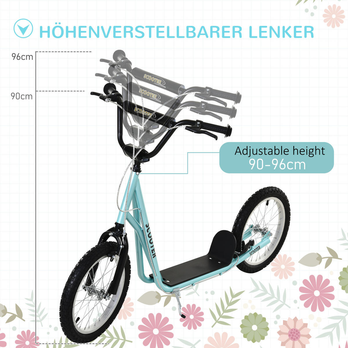 TRETROLLER Scooter Cityroller Kinder Luftreifen Roller verstellbar Alu Hellblau - Blau, Metall (139/58/96cm) - HOMCOM