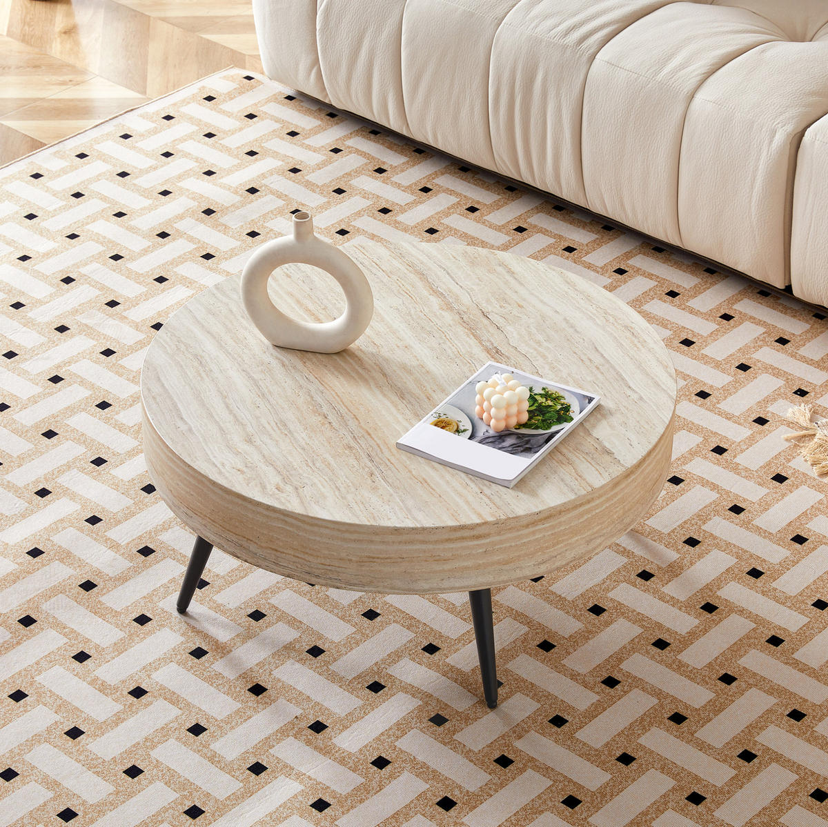 KONFERENČNÍ stolek 70/70/35,5 cm černá světlý dekor z MDF a kovu s nastavitelnými nožkami - černá, kompozitní dřevo (70/70/35.5cm) - OKWISH